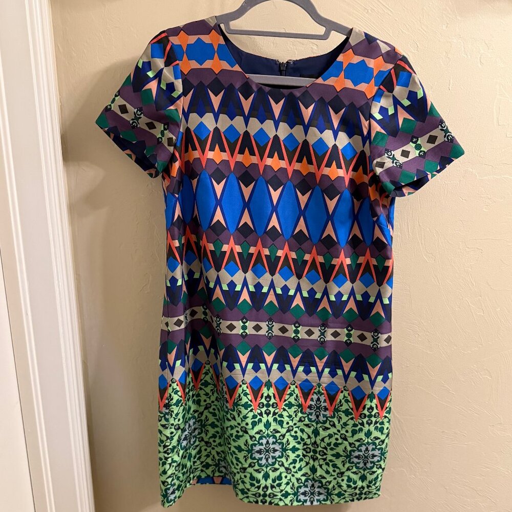 J Crew 100% silk colorful gemstone round neck short sleeve mini dress: Sz 6
